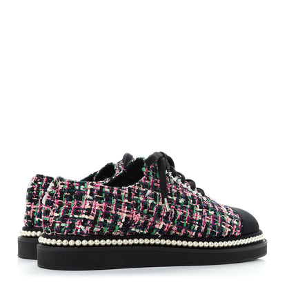 Chanel Metallic Tweed Grosgrain Pearl Lace Up Sneakers 39 Black Multicolor 4 of 10