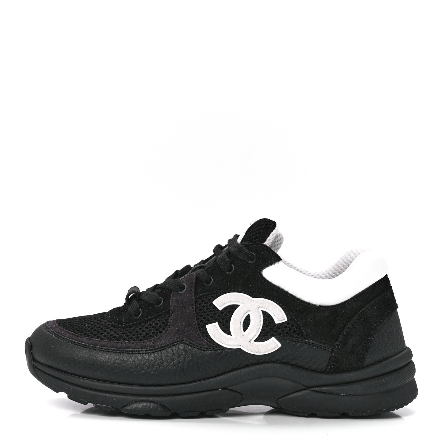 Chanel Mesh Suede Grained Calfskin Womens CC Sneakers 38 Black White 1 of 9