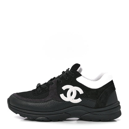 Chanel Mesh Suede Grained Calfskin Womens CC Sneakers 38 Black White 1 of 9