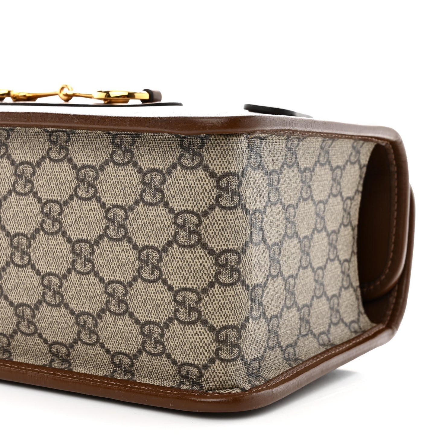 GG Supreme Monogram Azalea Calfskin Small Horsebit 1955 Foldover Top Handle Bag Beige Ebony Brown Sugar