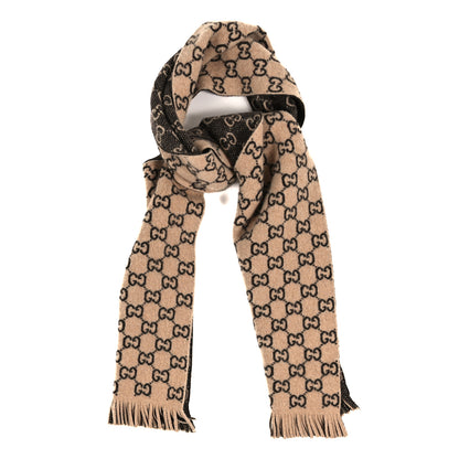 Gucci Wool GG Monogram Knit Longfog Scarf Beige Dark Brown 1 of 3