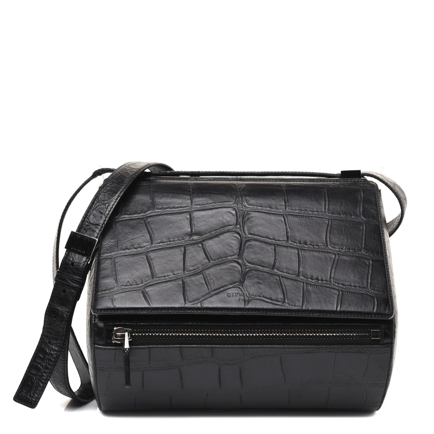 Calfskin Crocodile Embossed Medium Pandora Box Crossbody Bag Black