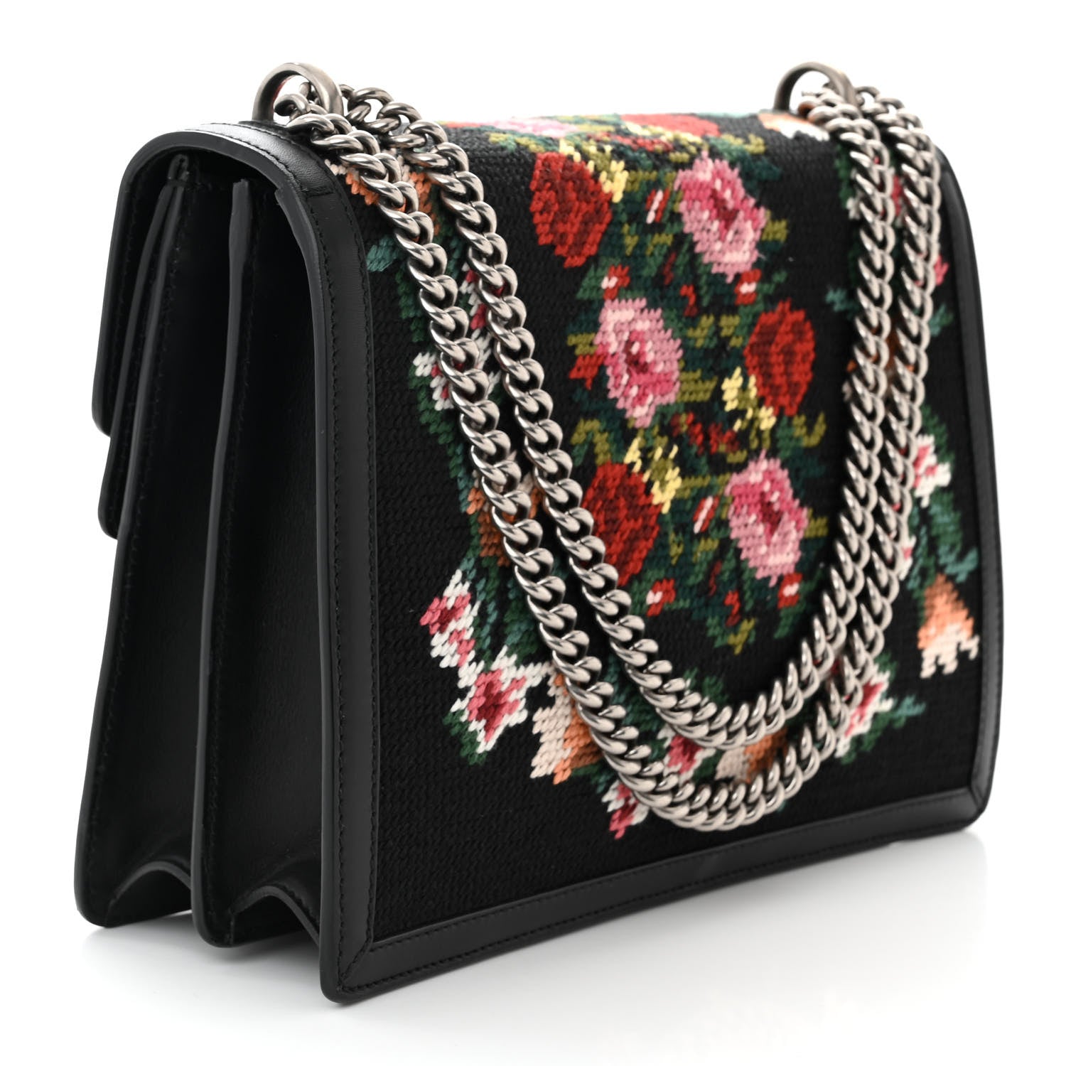 Gucci Cross Stitch Canvas Medium Dionysus Shoulder Bag Black Multicolor 3 of 10