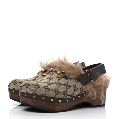 Gucci Monogram Calfskin Fur Horsebit Amstel Slingback Clogs 38.5 Beige Ebony New Acero Naturale 3 of 6