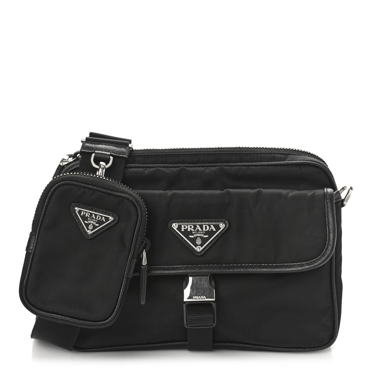 Re-Nylon Saffiano Pocket Single Snap Buckle Shoulder Bag Black