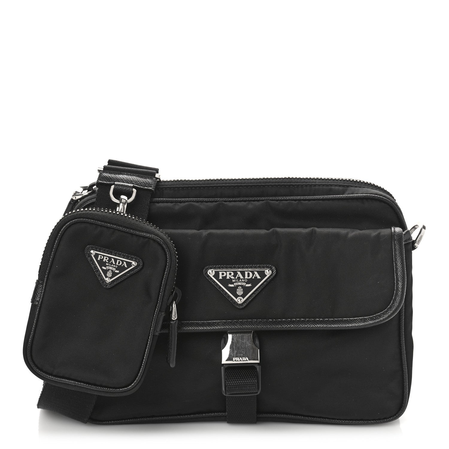 Prada Re-Nylon Saffiano Pocket Single Snap Buckle Shoulder Bag Black 1 of 8
