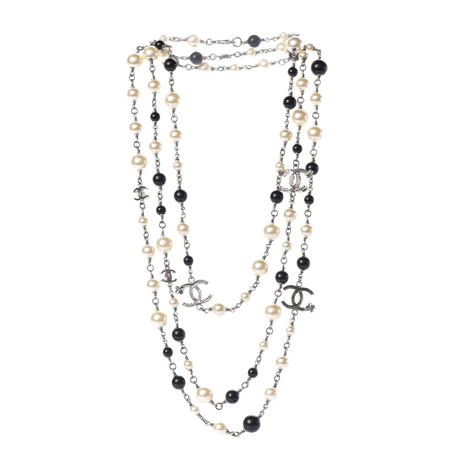 Chanel Pearl Bead Enamel CC Long Necklace Black Silver 3 of 4