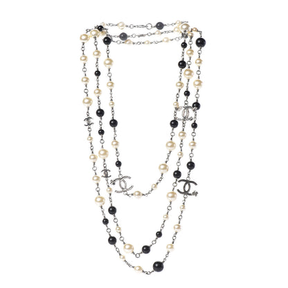 Chanel Pearl Bead Enamel CC Long Necklace Black Silver 3 of 4