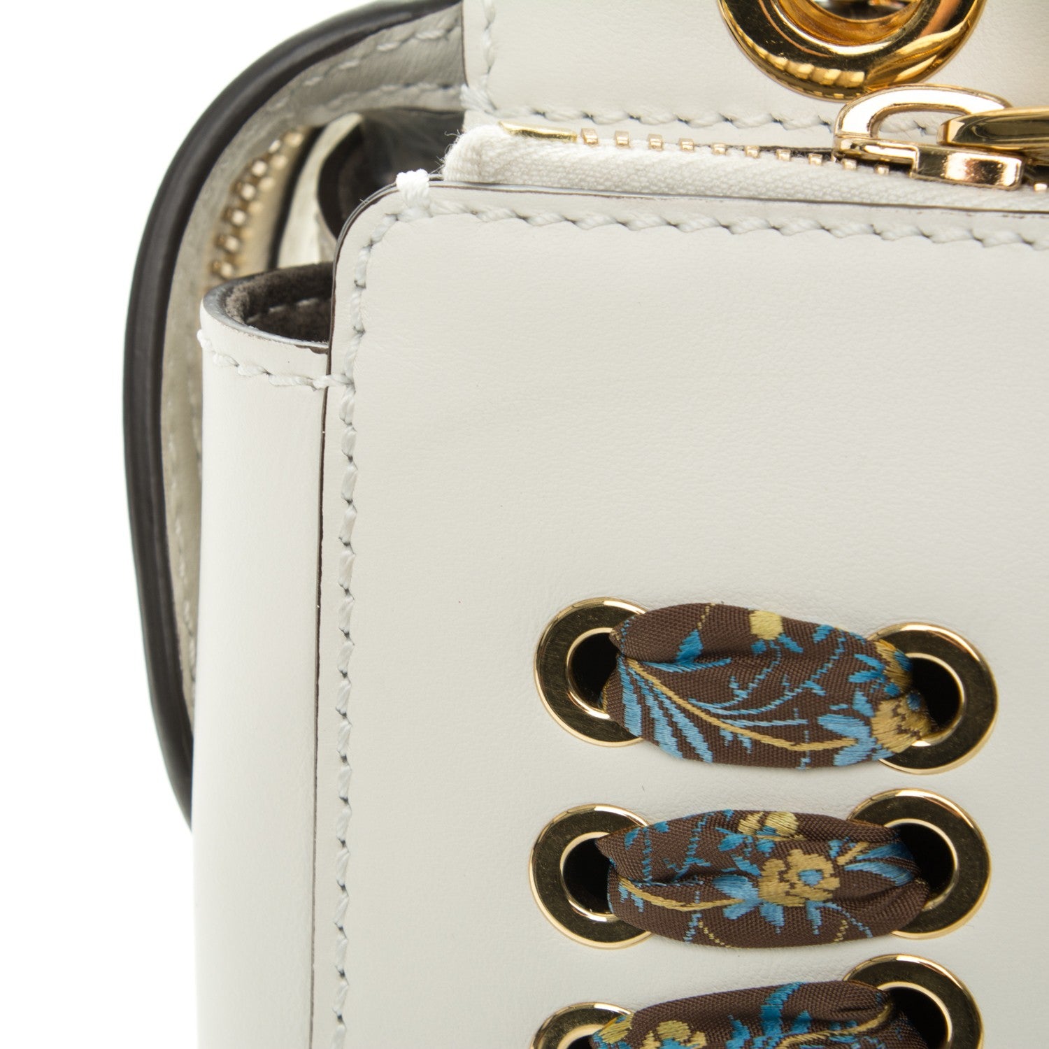 Fendi Vitello Baltico Ribbon Lace Up Floral Small DotCom Click Chain Satchel White Multicolor 22 of 22