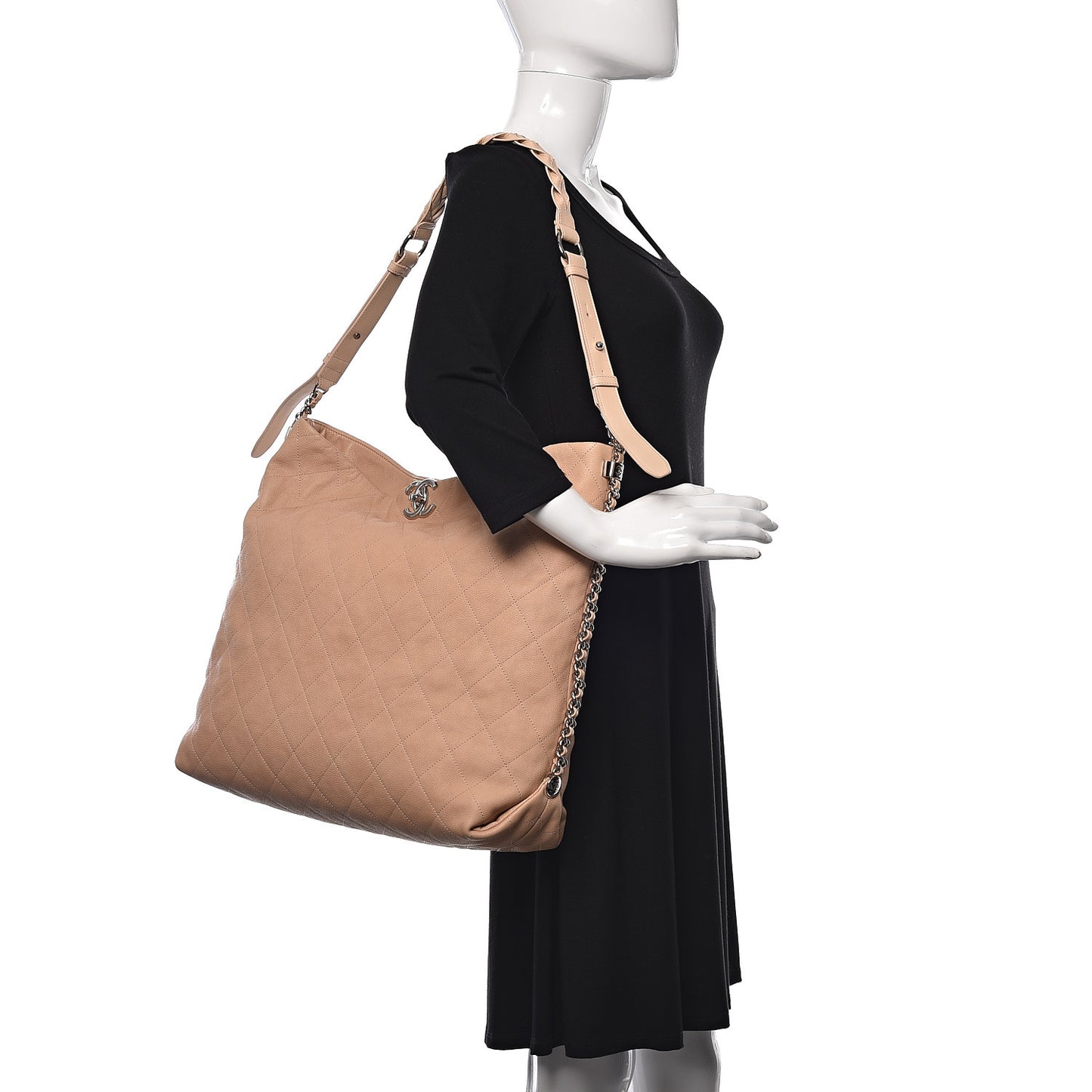 Grained Calfskin Stitched Large Braided With Style Hobo Beige
