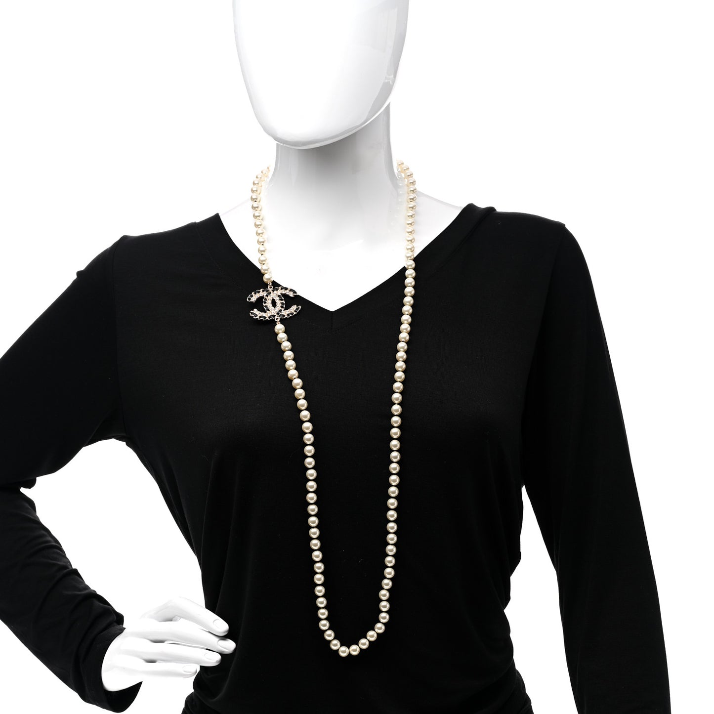 Pearl Crystal Lambskin CC Long Necklace Gold Black