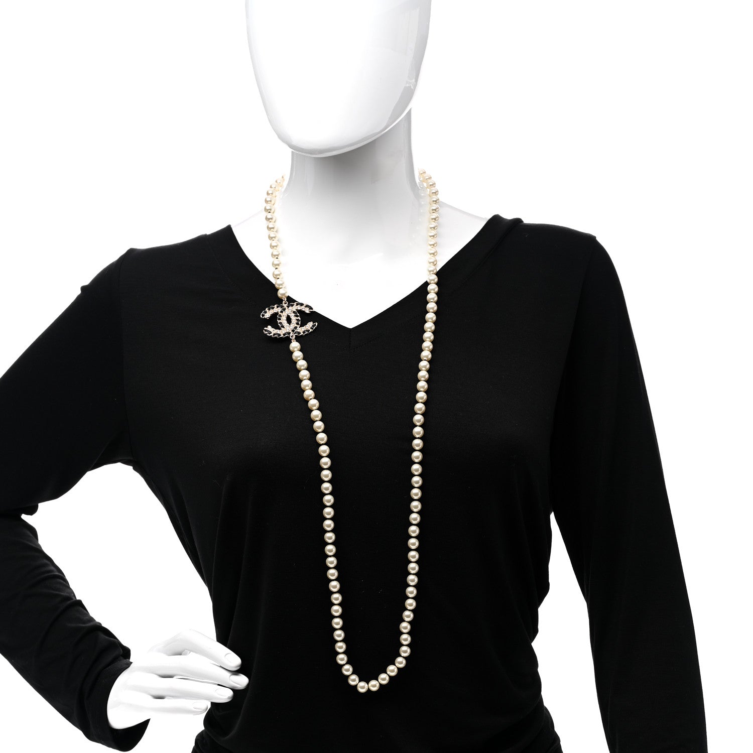 Chanel Pearl Crystal Lambskin CC Long Necklace Gold Black 2 of 6