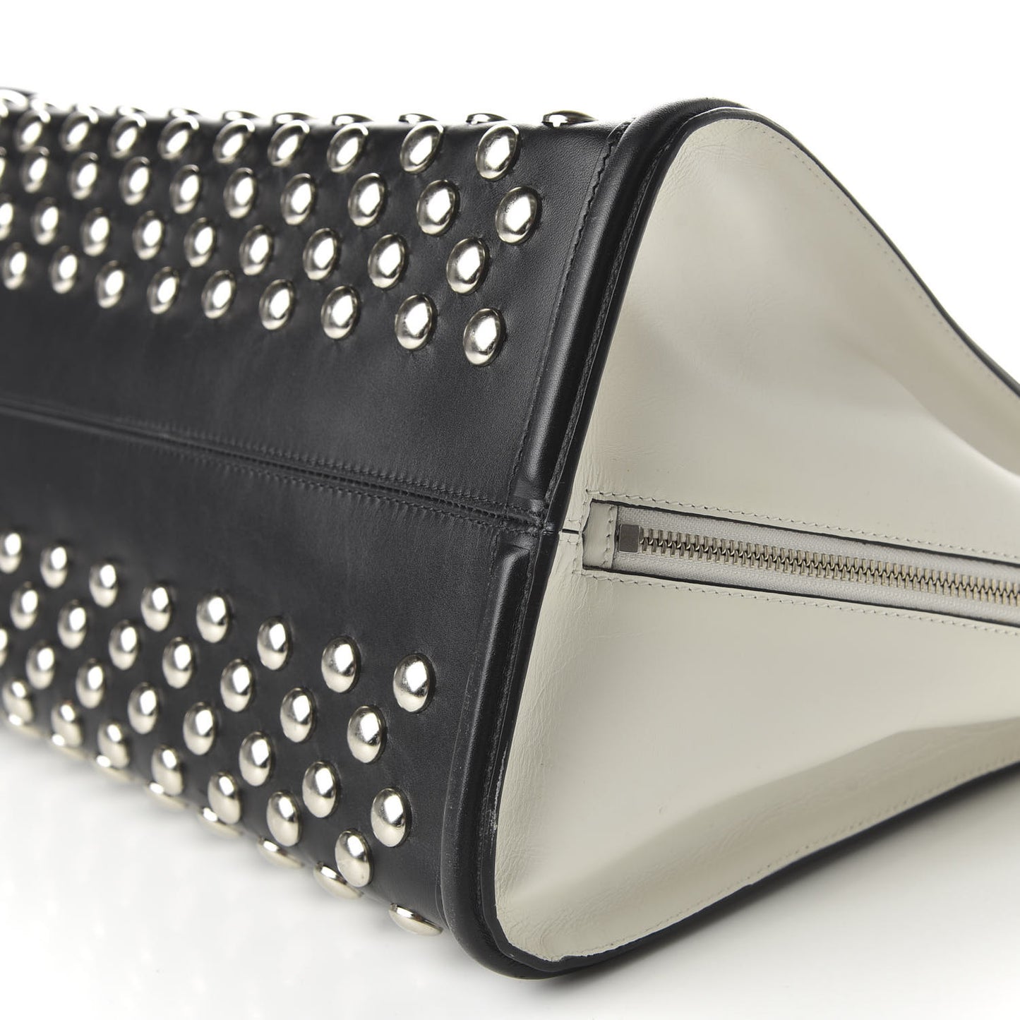 Calfskin Large Studded Padlock Zip Around Tote Black White