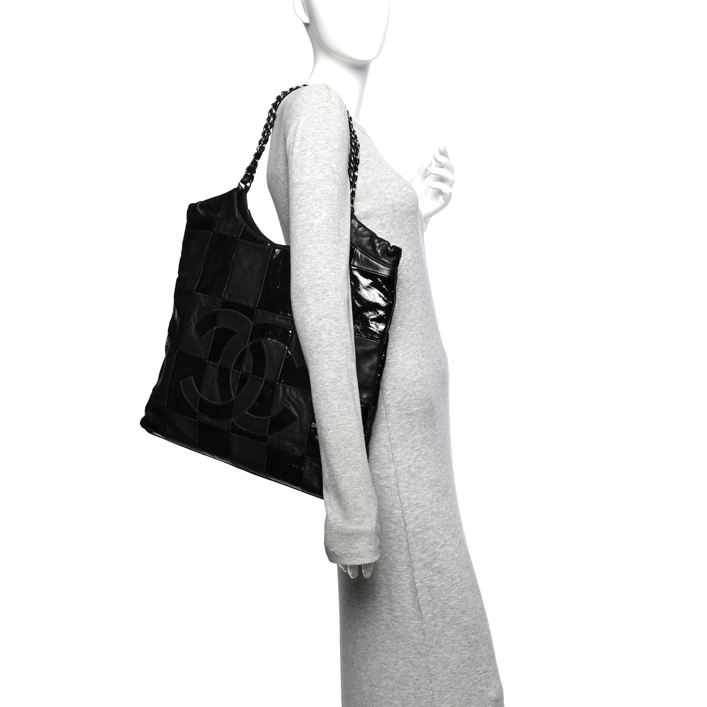 Patent Calfskin Patchwork Brooklyn Tote Black