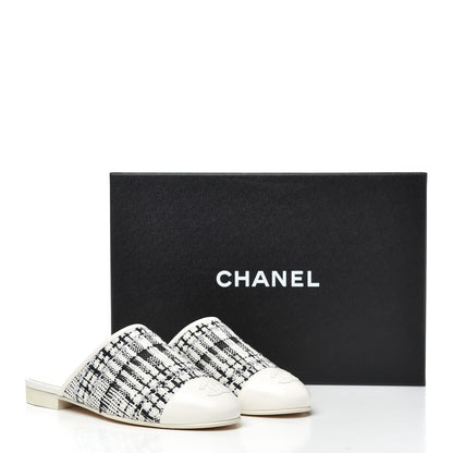 Chanel Tweed Lambskin CC Flat Mules 35.5 White Black 9 of 9