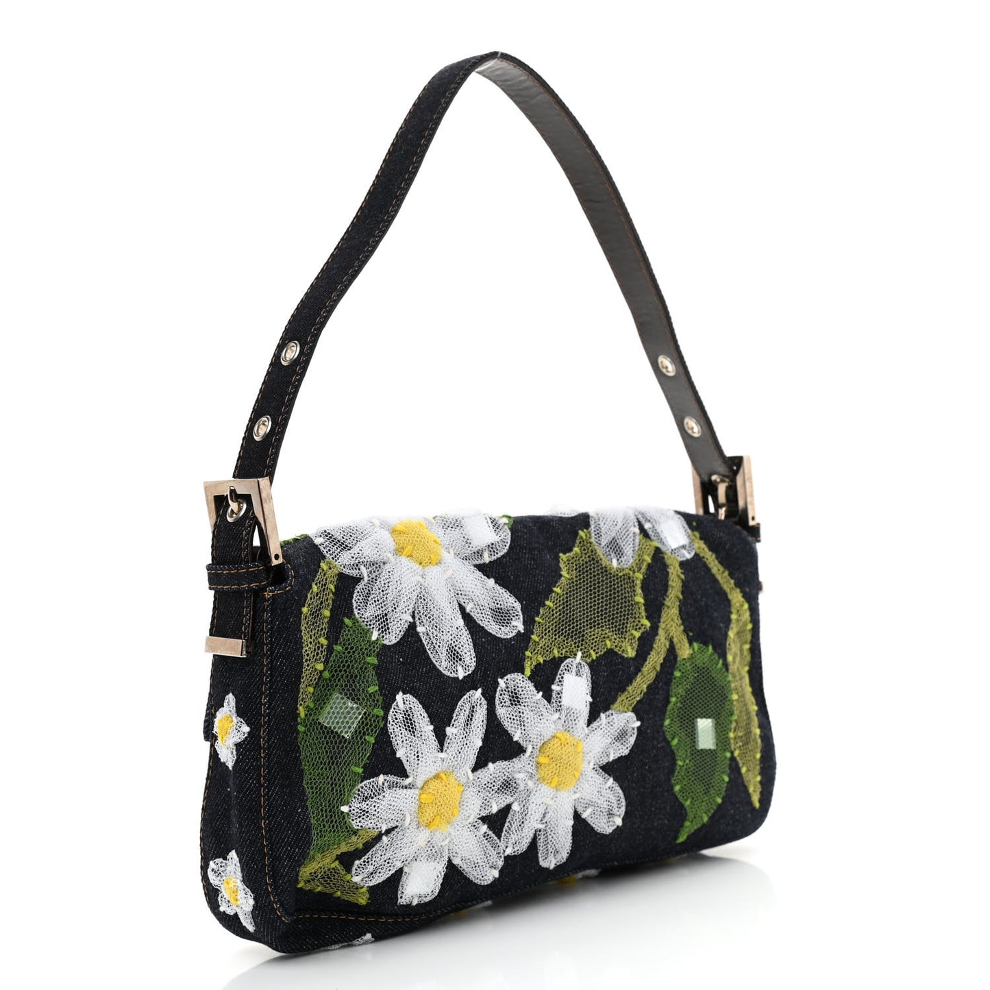 Denim Flower Applique Baguette Blue