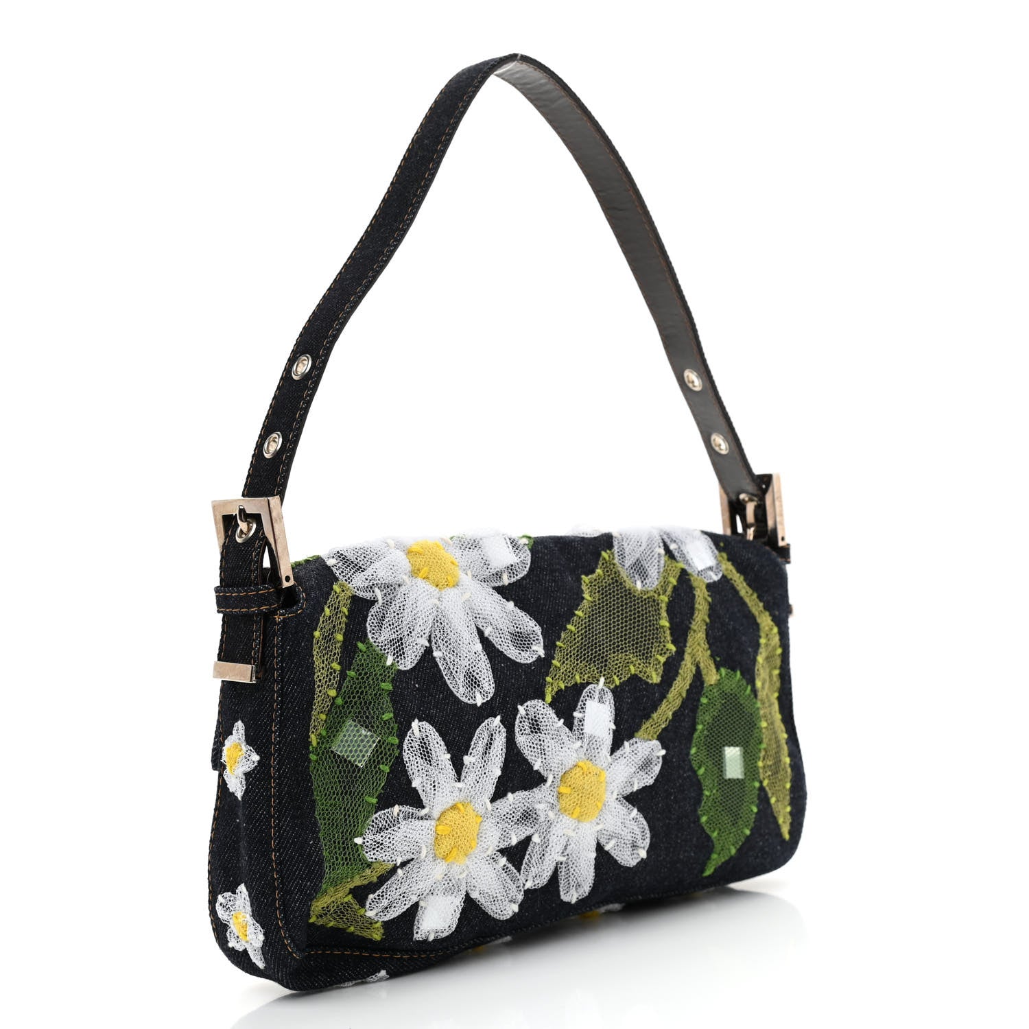 Fendi Denim Flower Applique Baguette Blue 3 of 7