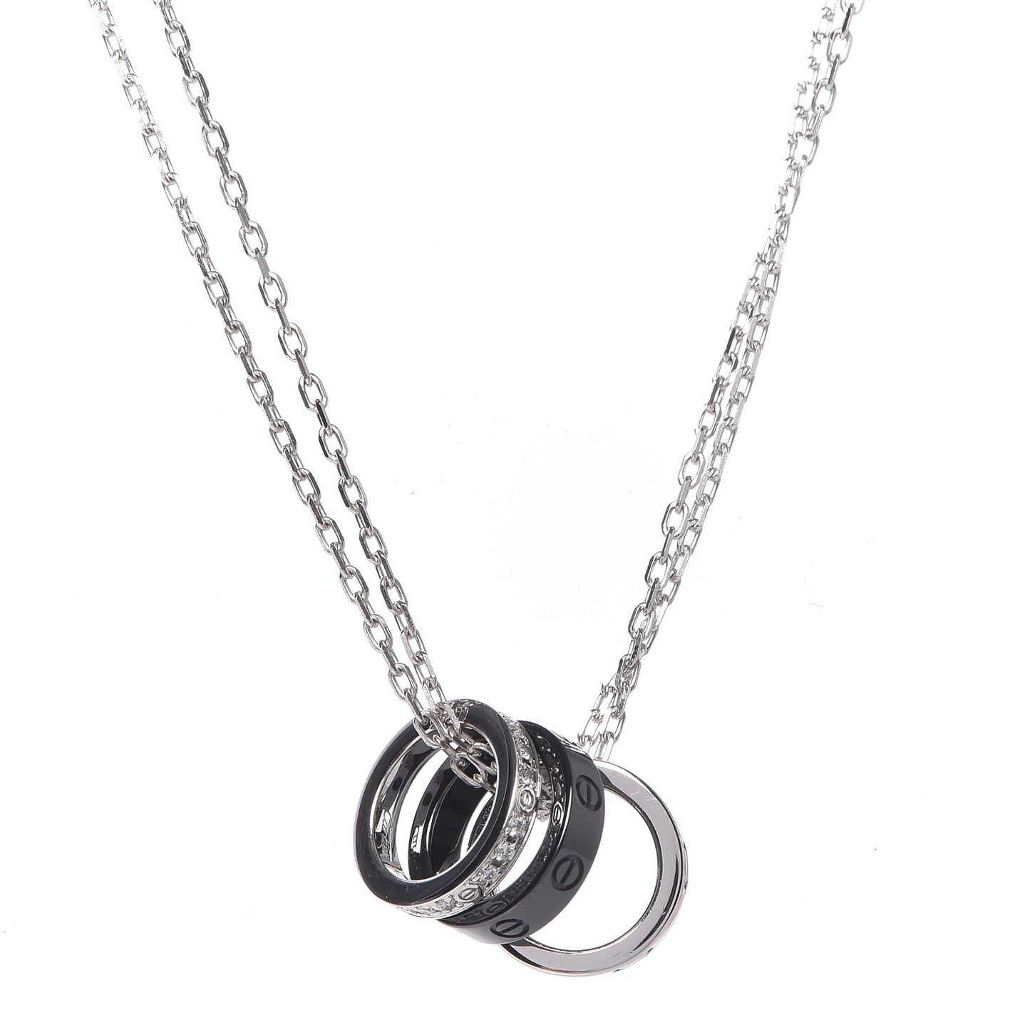 18K White Gold Ceramic Diamond Three Ring LOVE Necklace