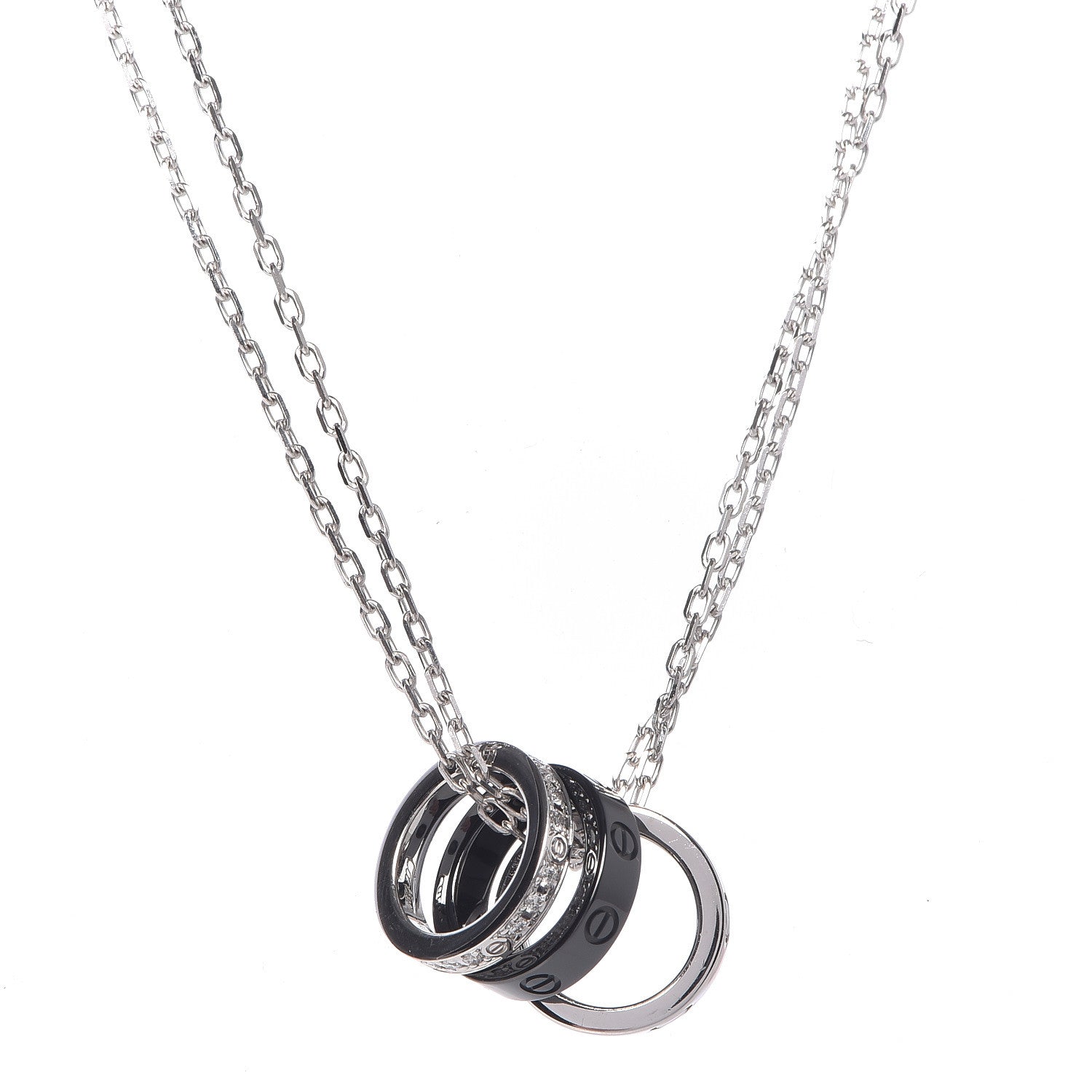 Cartier 18K White Gold Ceramic Diamond Three Ring LOVE Necklace 4 of 8