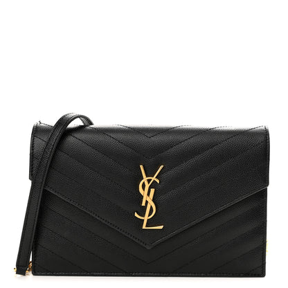 Saint Laurent Grain De Poudre Matelasse Chevron Monogram Envelope Chain Wallet Black 1 of 10