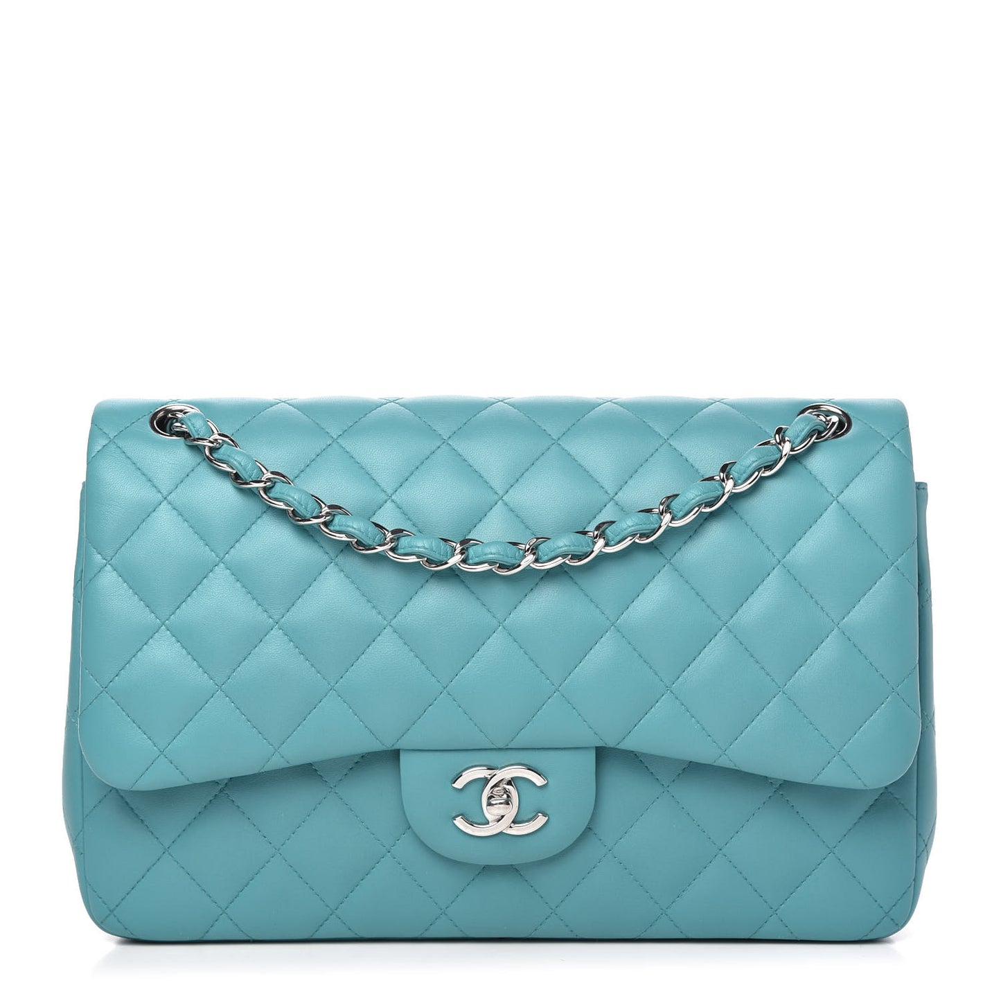 Lambskin Quilted Jumbo Double Flap Turquoise