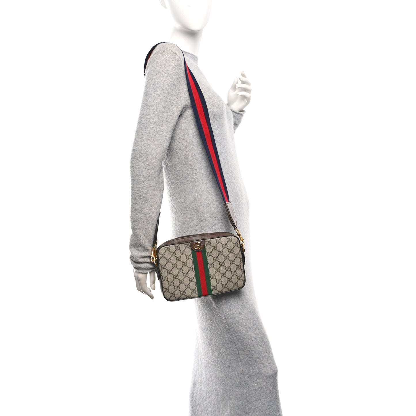 GG Supreme Monogram Textured Dollar Calfskin Web Ophidia Wristlet Shoulder Bag Beige Ebony New Acero