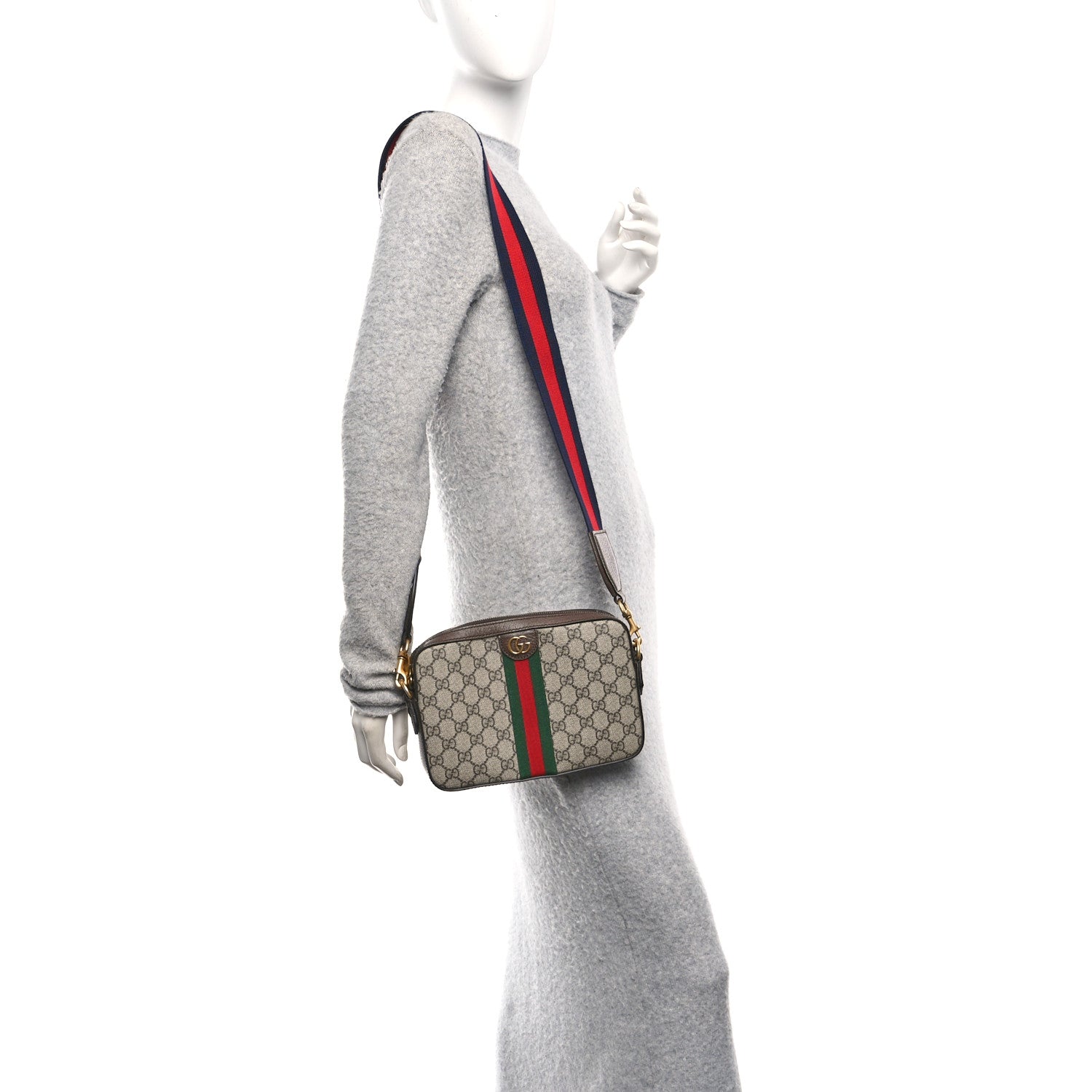 Gucci GG Supreme Monogram Textured Dollar Calfskin Web Ophidia Wristlet Shoulder Bag Beige Ebony New Acero 2 of 11