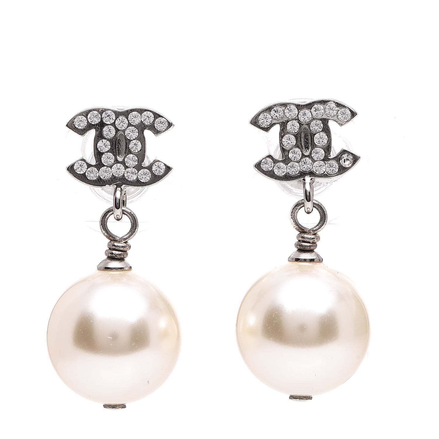 Chanel Crystal Pearl CC Drop Earrings Silver 1 of 6