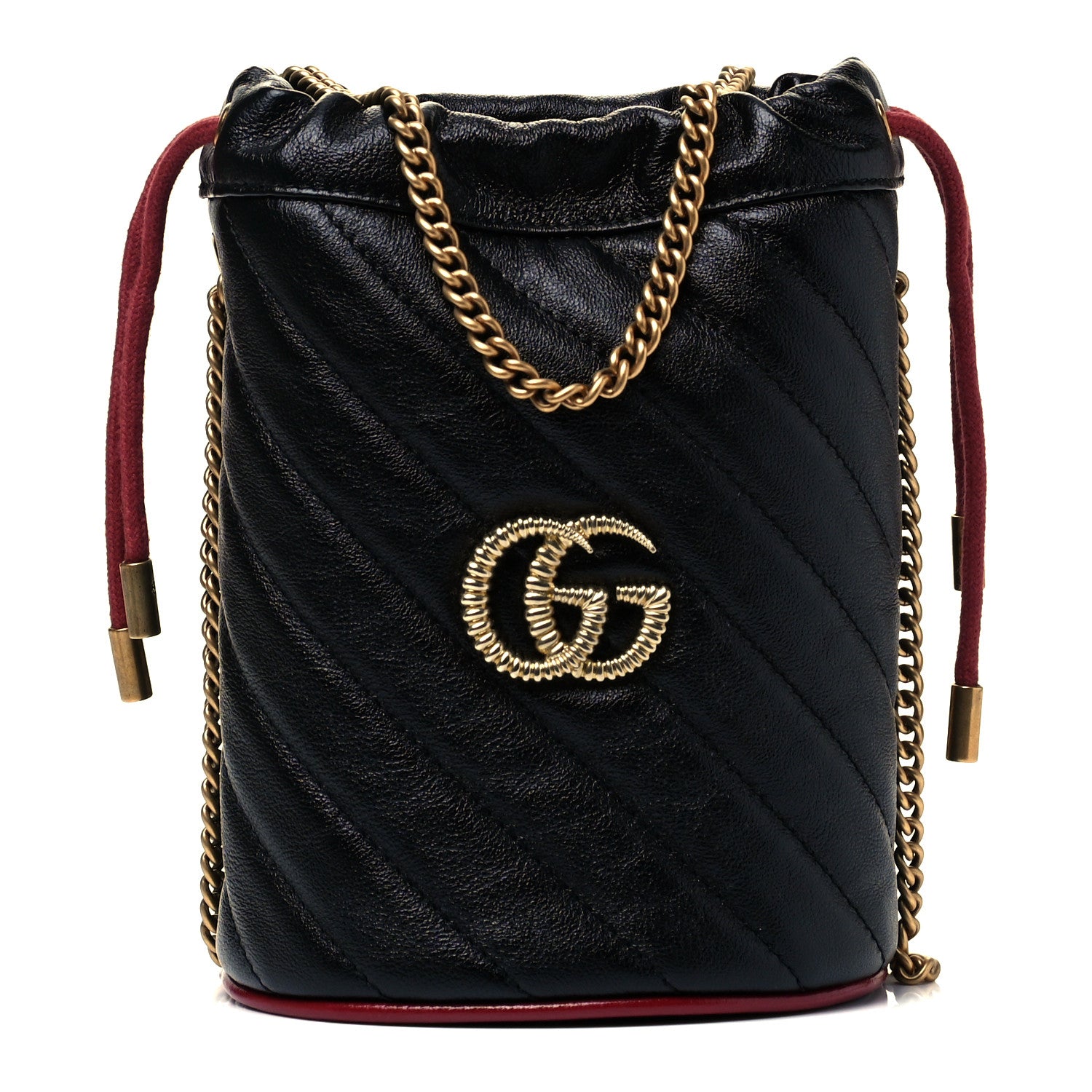 Gucci Vintage Effect Calfskin Matelasse Diagonal Mini Torchon GG Marmont 2.0 Bucket Bag Black Romantic Cherry 1 of 7