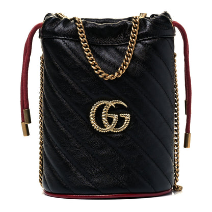 Gucci Vintage Effect Calfskin Matelasse Diagonal Mini Torchon GG Marmont 2.0 Bucket Bag Black Romantic Cherry 1 of 7