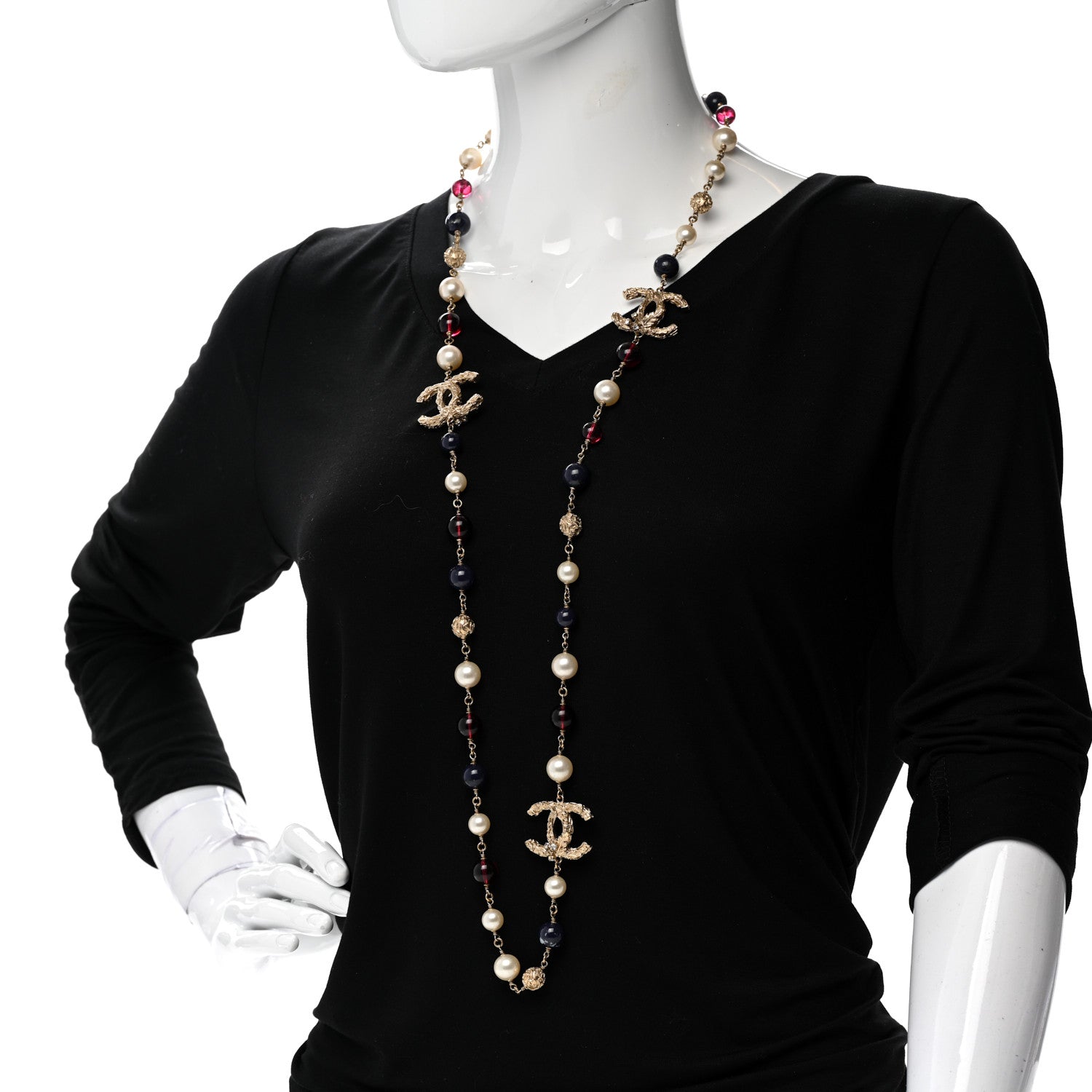 Chanel Beaded Pearl CC Long Strand Necklace Blue Red Gold 2 of 6