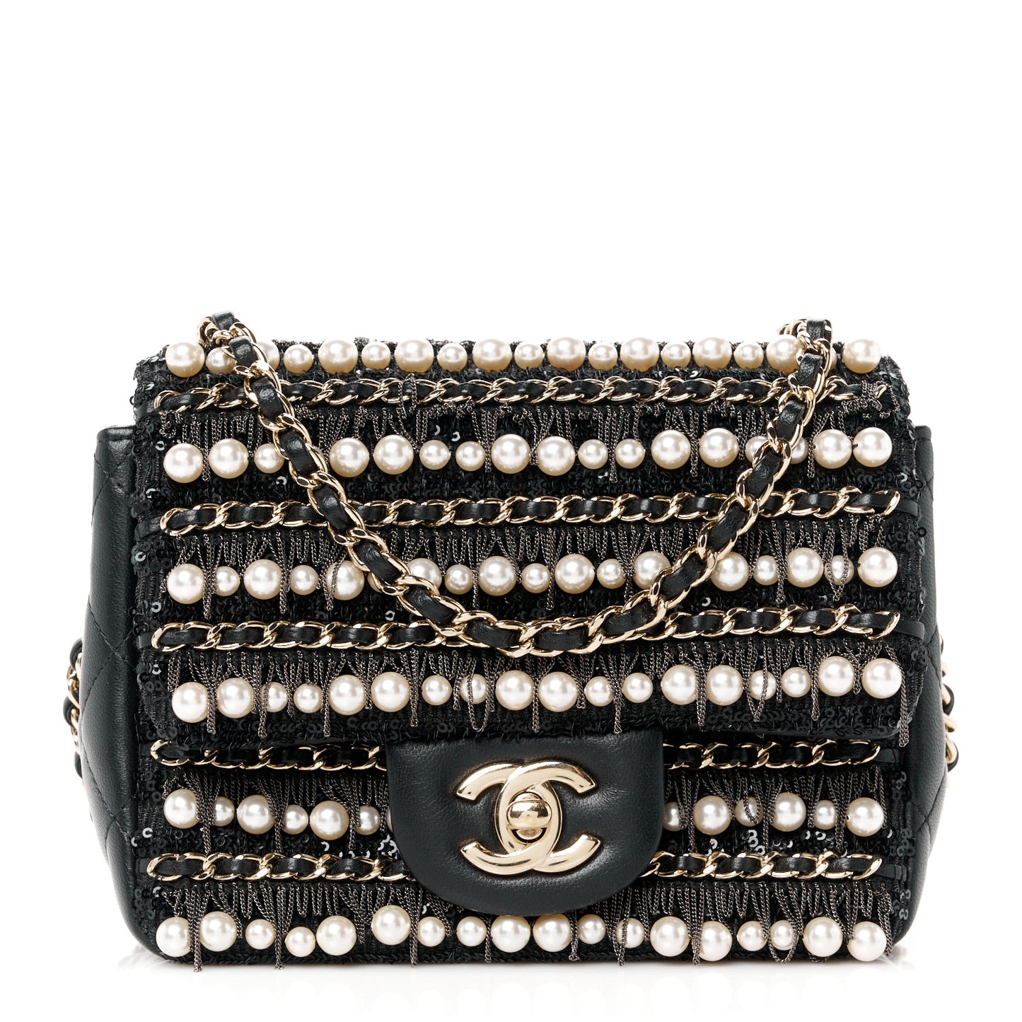 Lambskin Sequin Pearl Chain Fringe Mini Flap Black