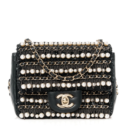 Chanel Lambskin Sequin Pearl Chain Fringe Mini Flap Black 1 of 12
