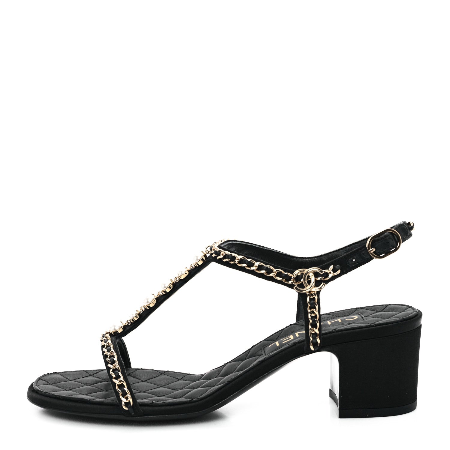 Chanel Silk Satin Pearl Chain CC Sandals 37.5 Black 1 of 10