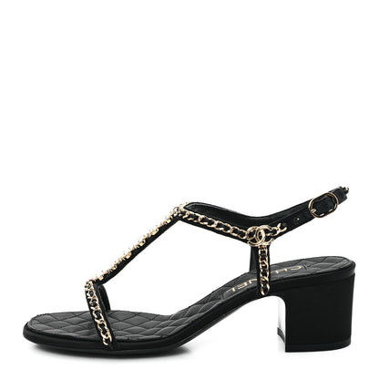 Chanel Silk Satin Pearl Chain CC Sandals 37.5 Black 1 of 10