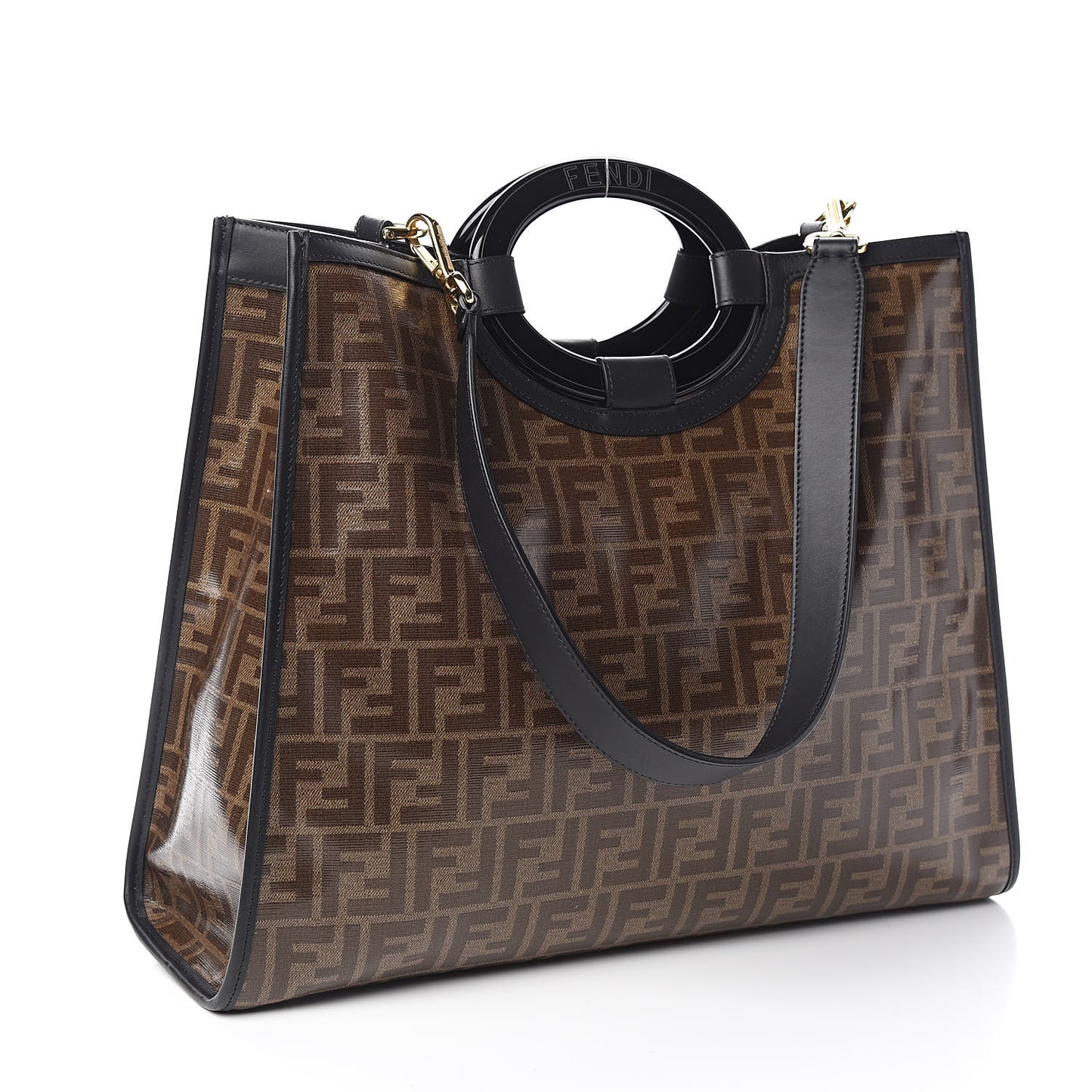 Glazed Fabric Vitello Century Plexiglass FF 1974 Stamp Patch Medium Runaway Shopper Tote Mogano Panna Black
