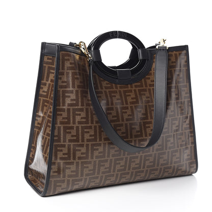 Fendi Glazed Fabric Vitello Century Plexiglass FF 1974 Stamp Patch Medium Runaway Shopper Tote Mogano Panna Black 3 of 10