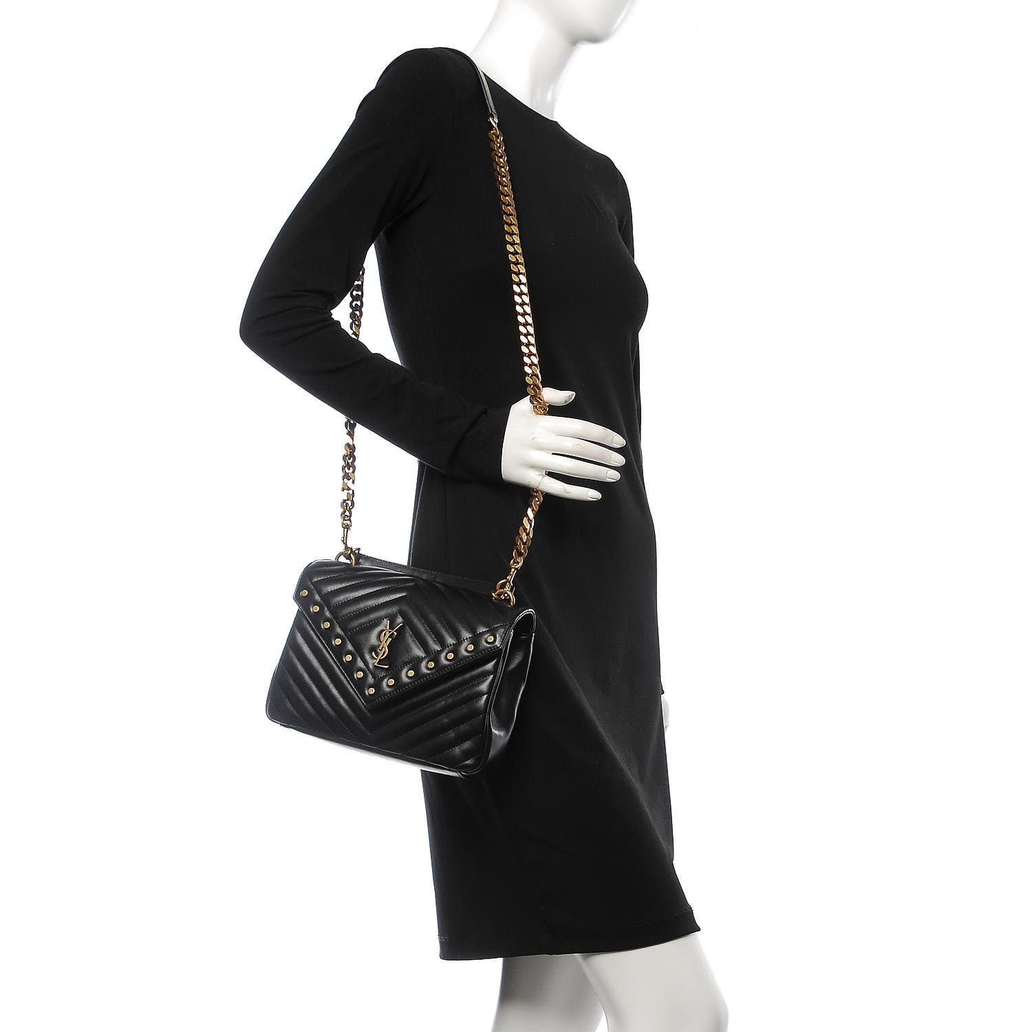 Saint Laurent Calfskin Matelasse Chevron Studded Monogram Medium College Bag Black 2 of 8