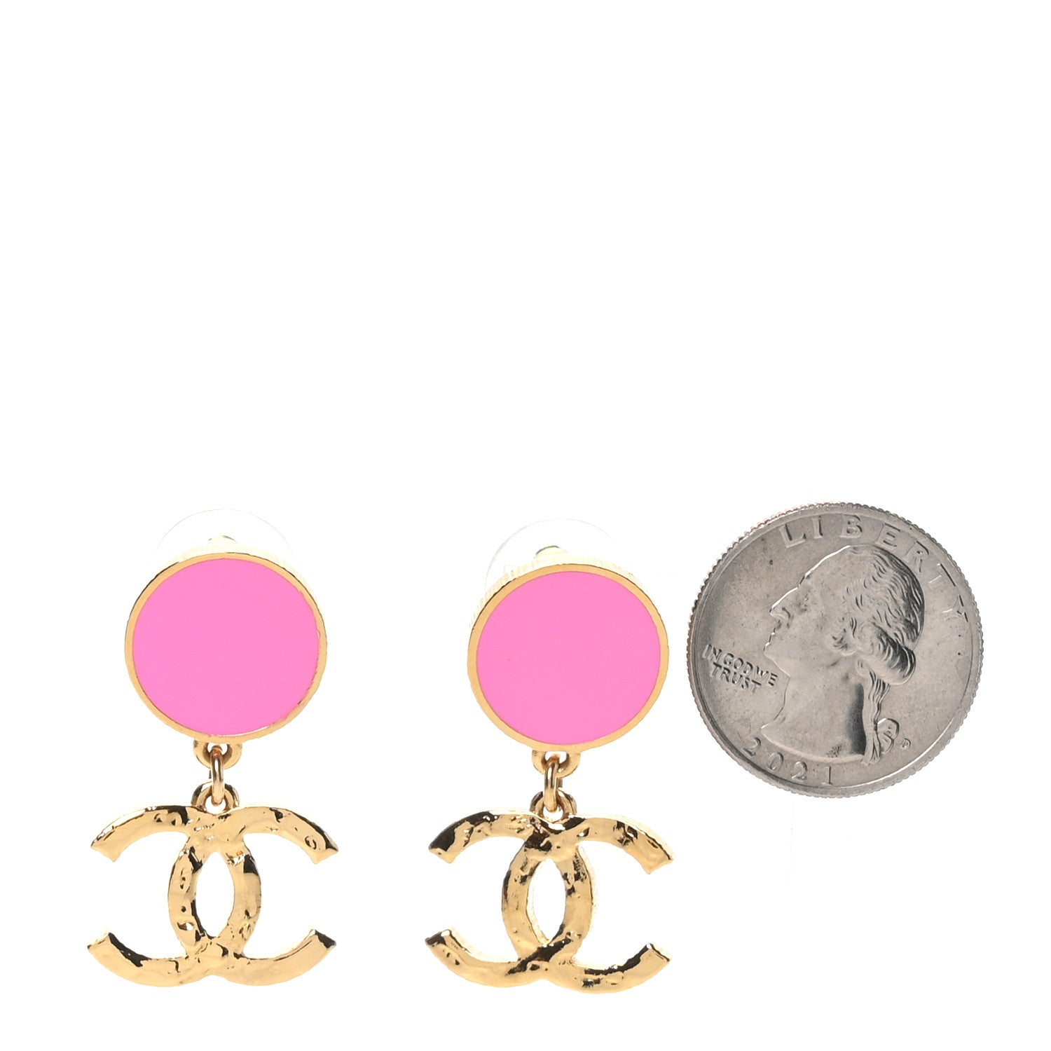 Chanel Metal Resin Disc CC Drop Earrings Gold Pink 2 of 5