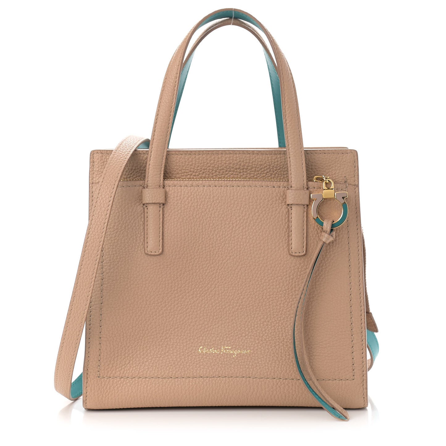 Hammered Calfskin Double Handle Small Amy Tote Beige Blue