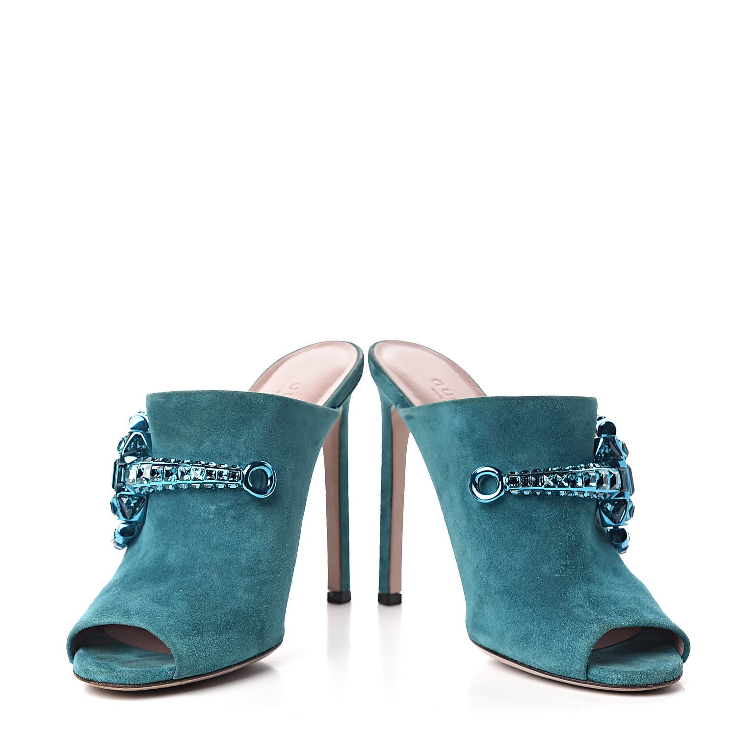 Gucci Suede Crystal Maxine Horsebit High Heel Slides 38 Dusty Turquoise 5 of 20