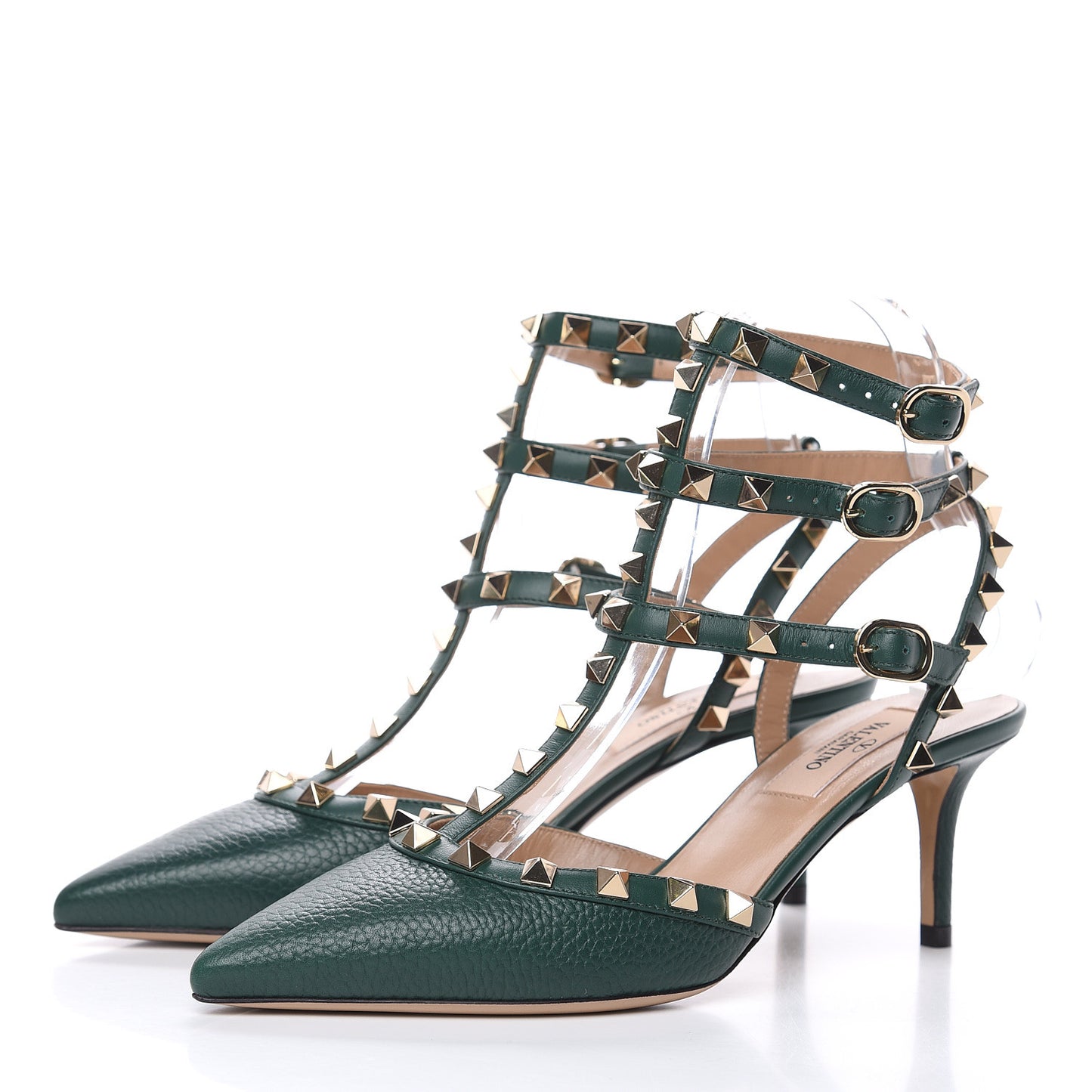 Pebbled Calfskin Rockstud Ankle Strap 65mm Pumps 36 English Green