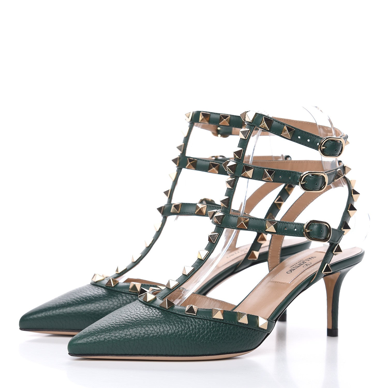 Valentino Garavani Pebbled Calfskin Rockstud Ankle Strap 65mm Pumps 36 English Green 3 of 8