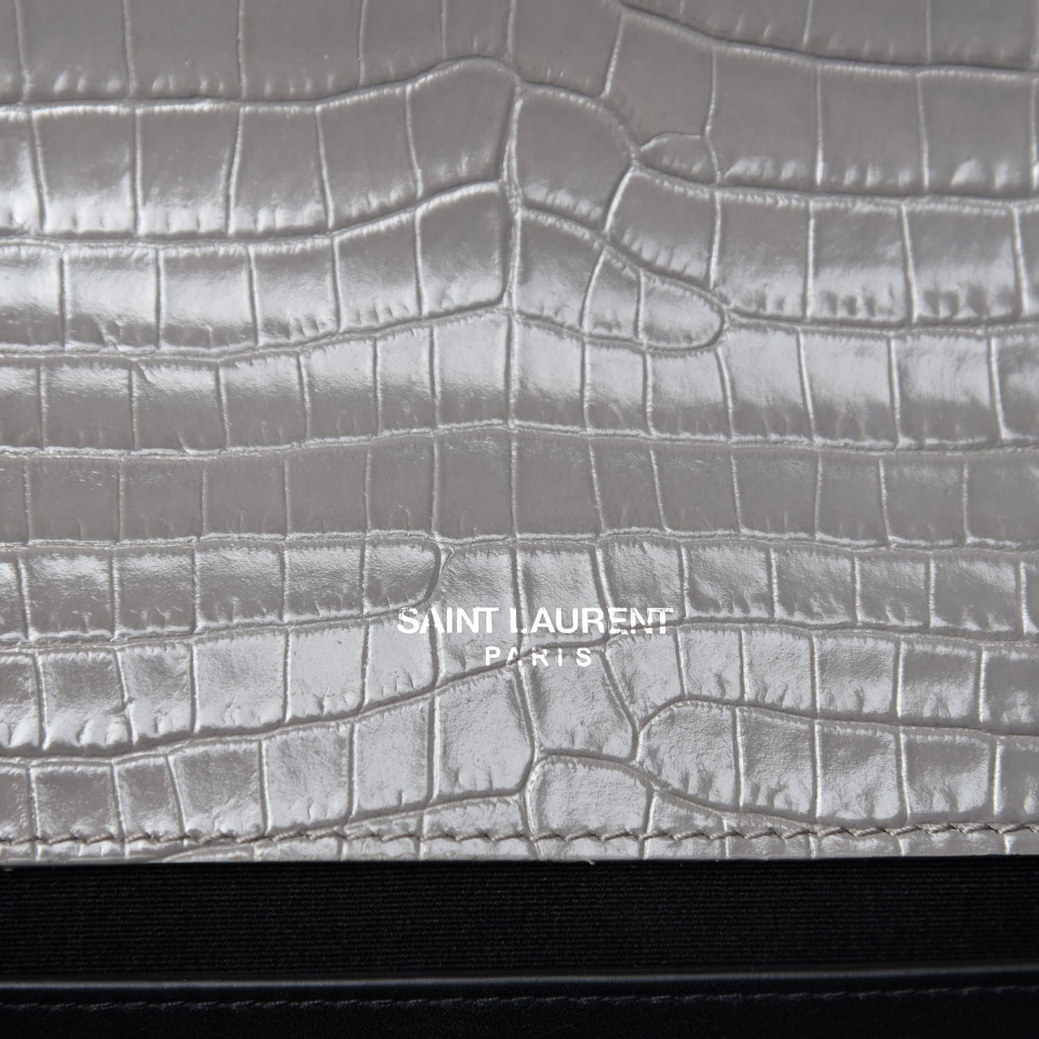 Saint Laurent Calfskin Crocodile Embossed Medium Classic Monogram Kate Tassel Satchel Earth Grey 9 of 10