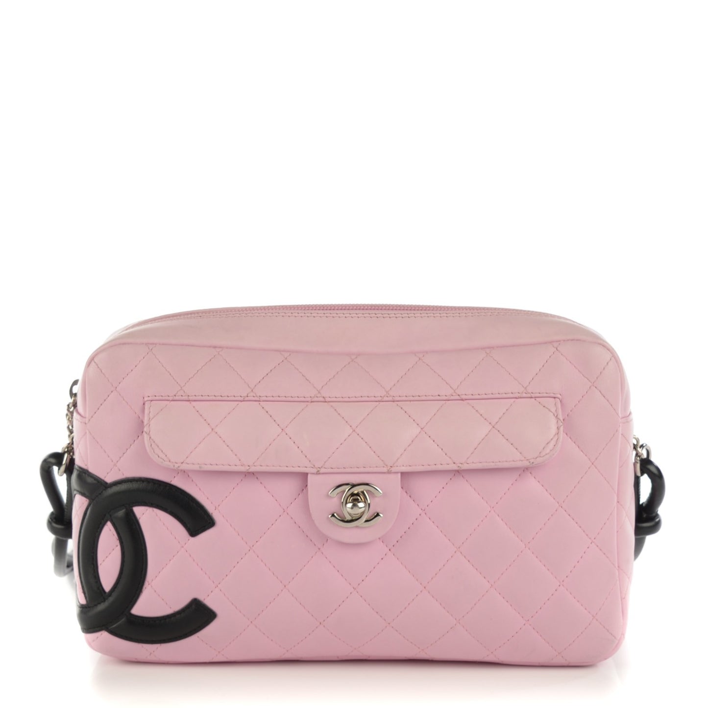 Calfskin Quilted Cambon Camera Case Pink Black