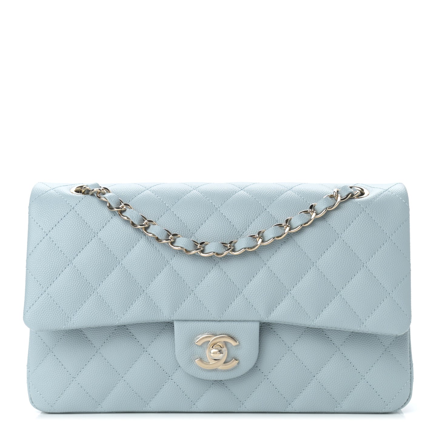Caviar Quilted Medium Double Flap Light Blue