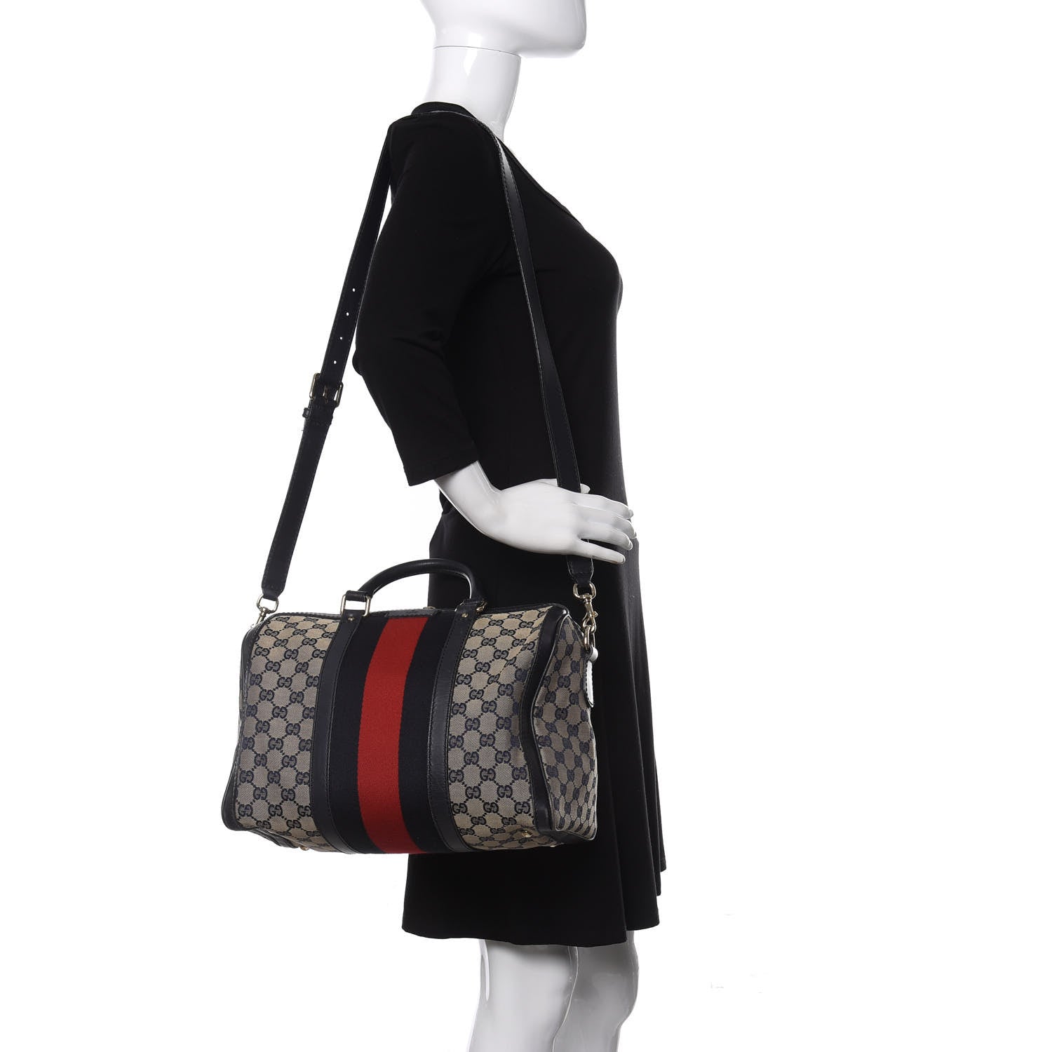Gucci Monogram Selleria Calfskin Vintage Web Medium Boston Beige Blue 2 of 11