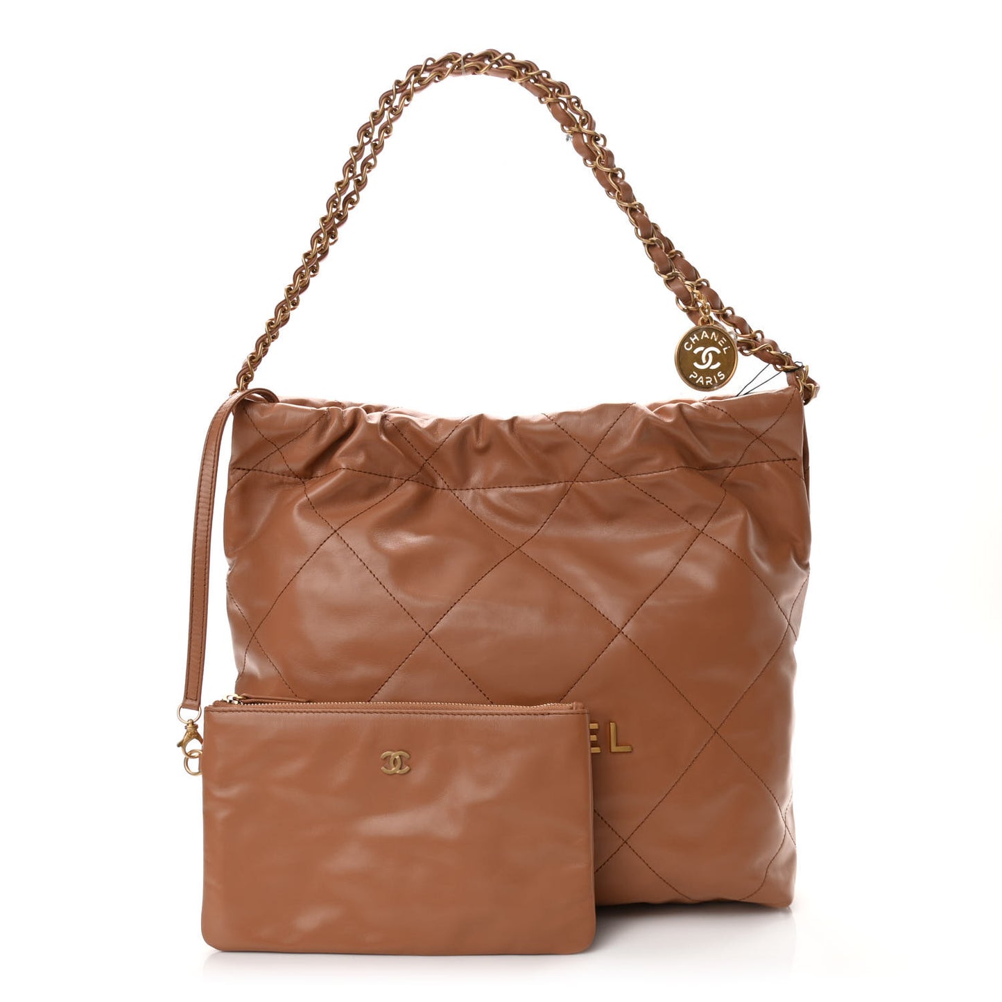 Shiny Calfskin Quilted Small Chanel 22 Camel