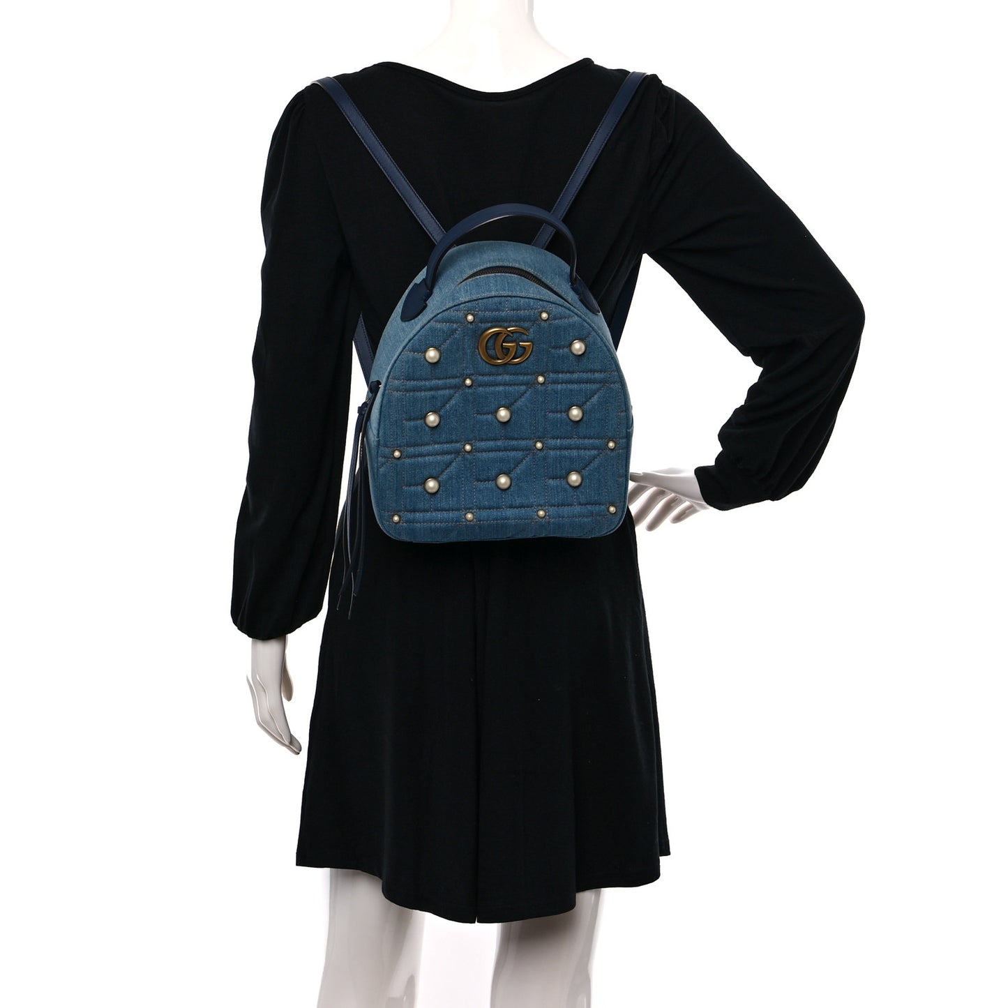 Kura Denim Matelasse Cubic Pearl Studded GG Marmont Dome Backpack Blue