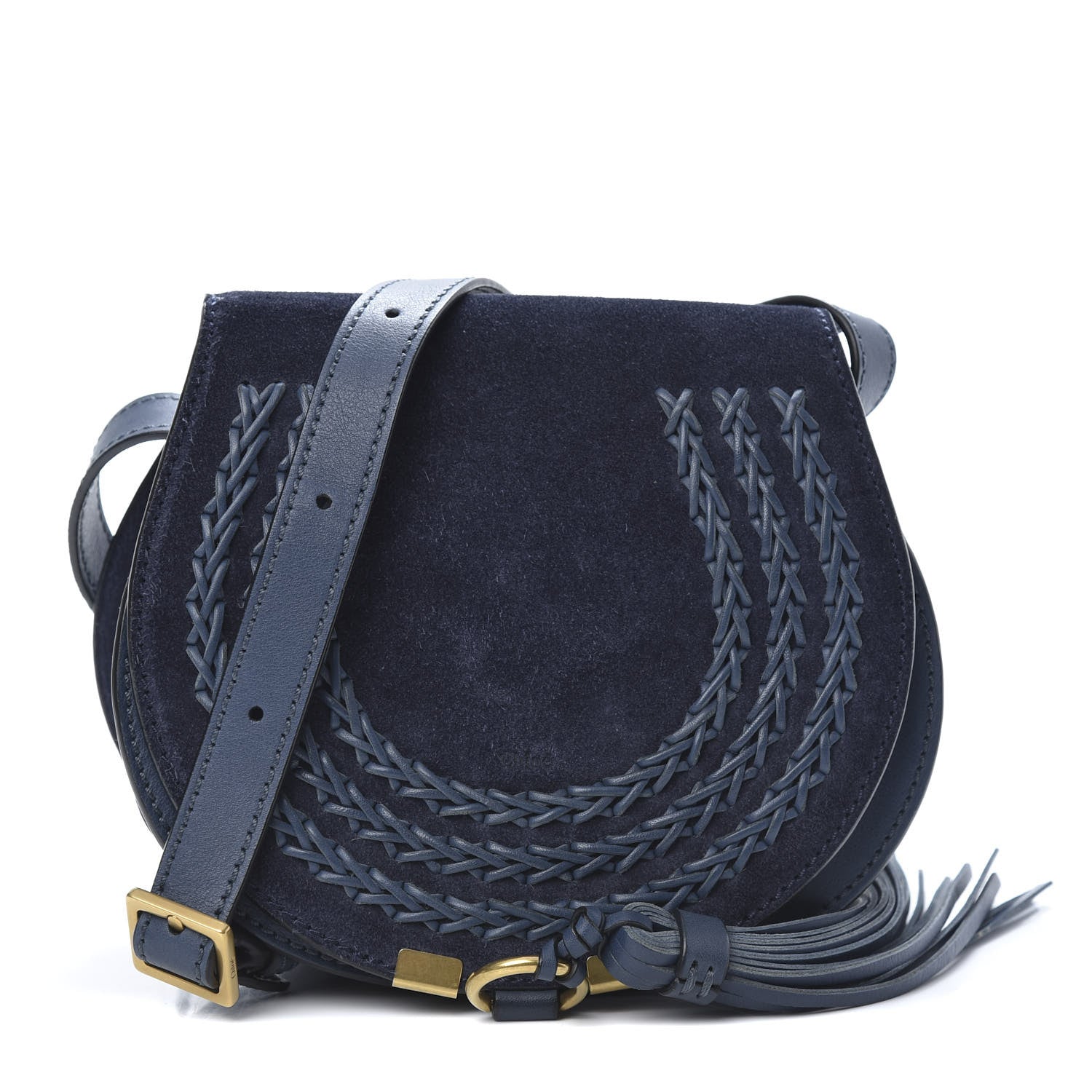 Chloe Suede Calfskin Braided Mini Marcie Round Crossbody Bag Navy 1 of 12